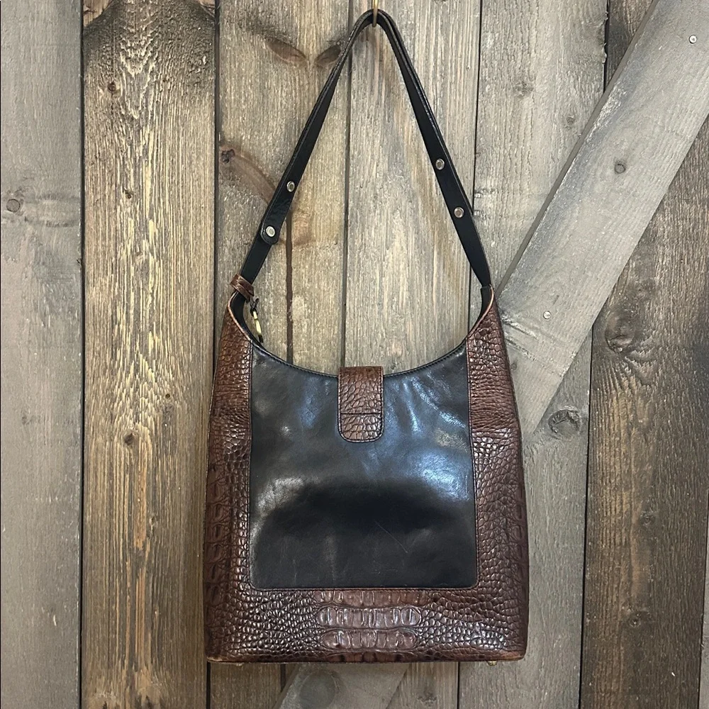 Brahmin Kendall Vintage Brown Black Alligator Black Leather Shoulder Bag Purse